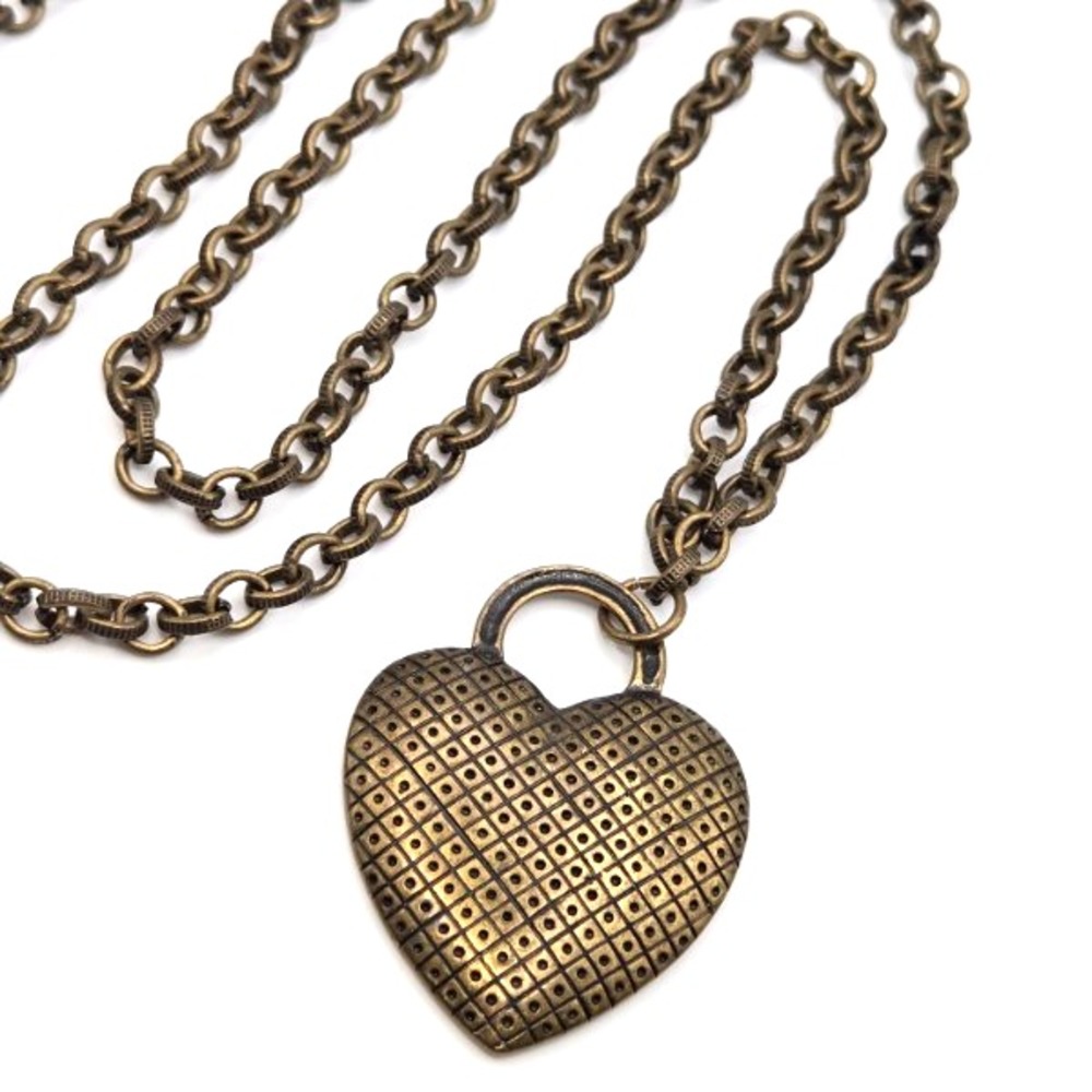 Brass Tone VCLM Textured Heart‎ Pendant on 32 Inch Textured Large Link Chain